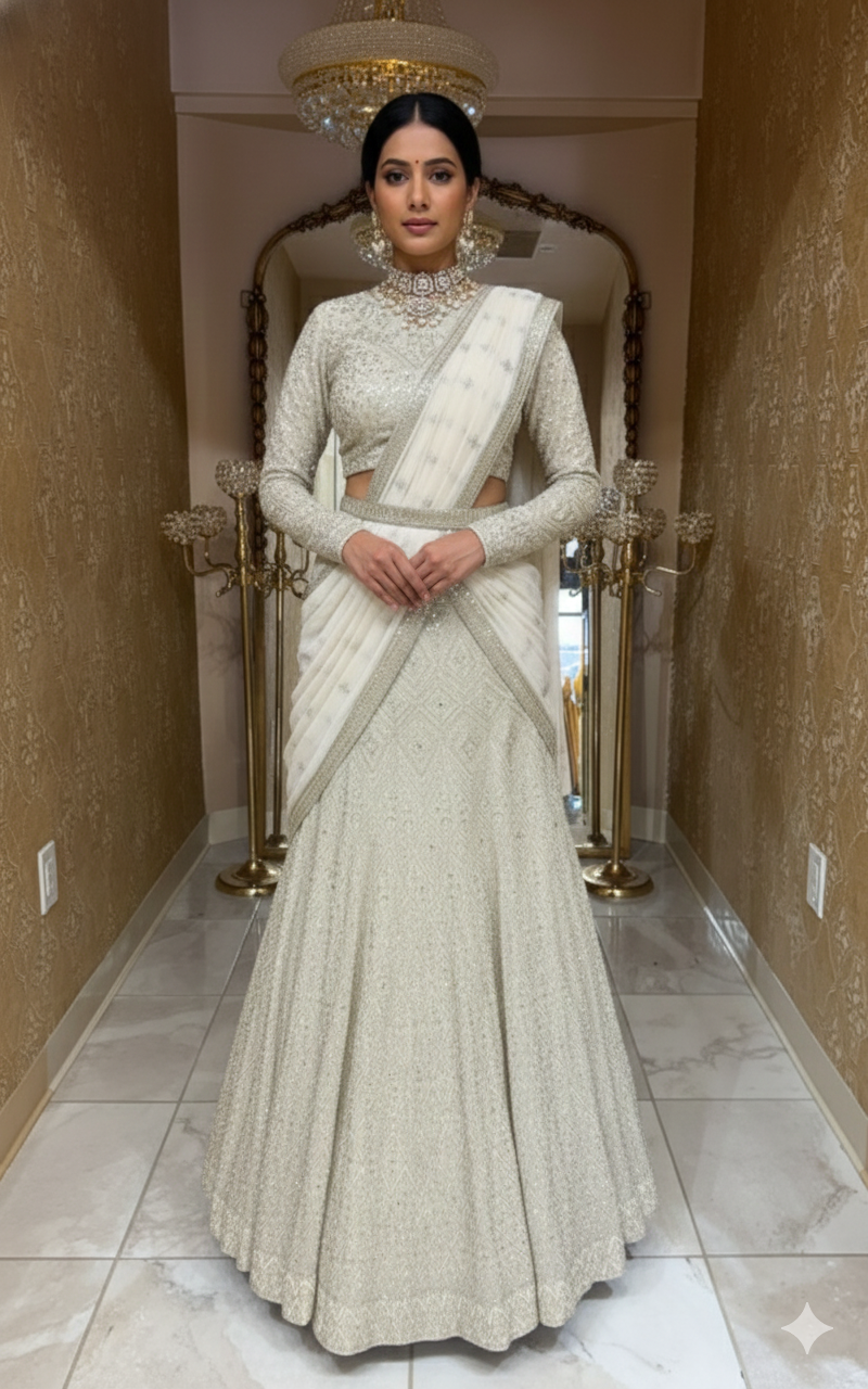 Ivory Georgette Fusion Lehenga Saree – VAMA DESIGNS Indian Bridal Couture