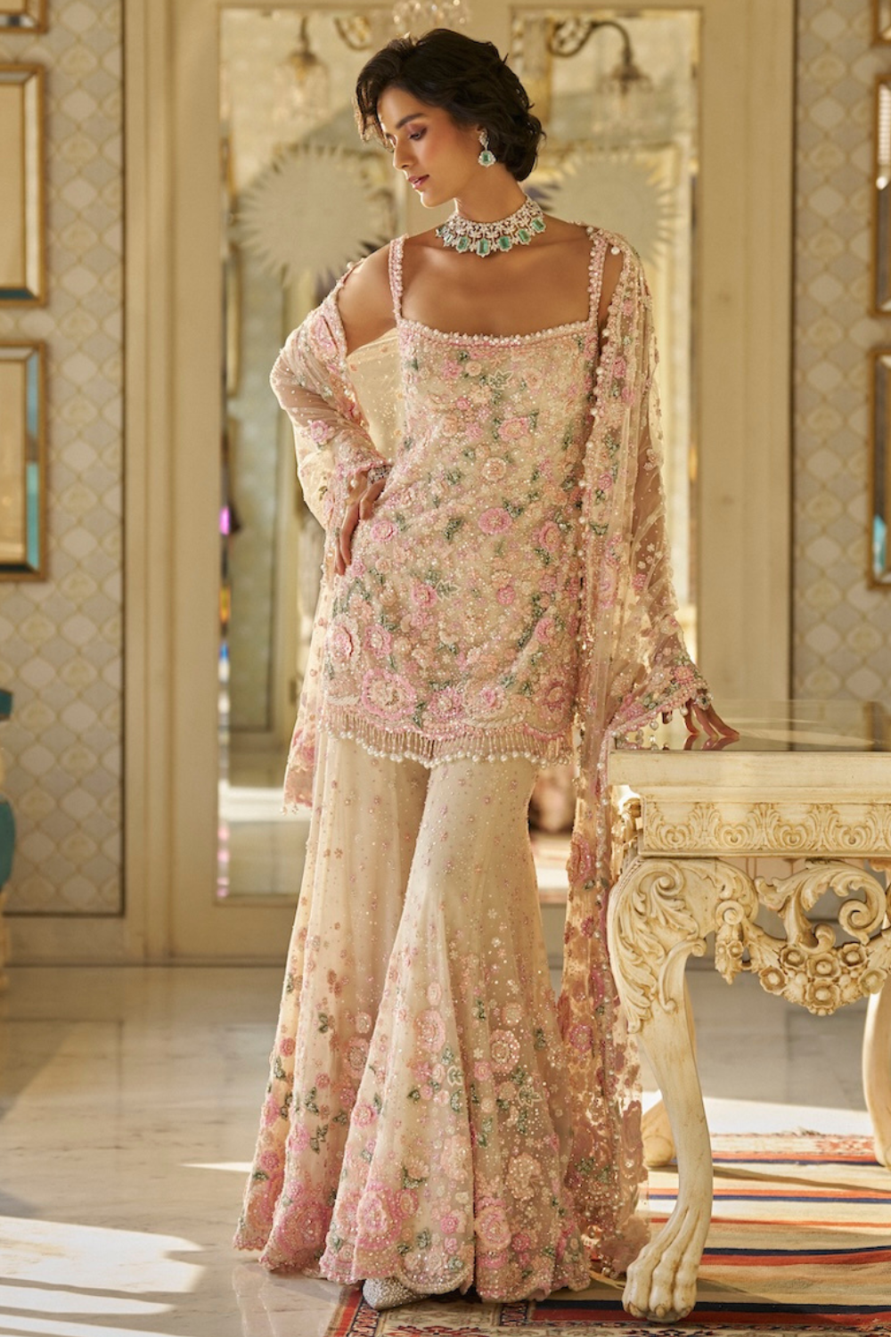 design of sharara dress Fiori Nude Multi-Coloured Three-Dimensional Set For wedding color:Light Blue La Femme 33768 - Mirror:No Mirror It is paired with