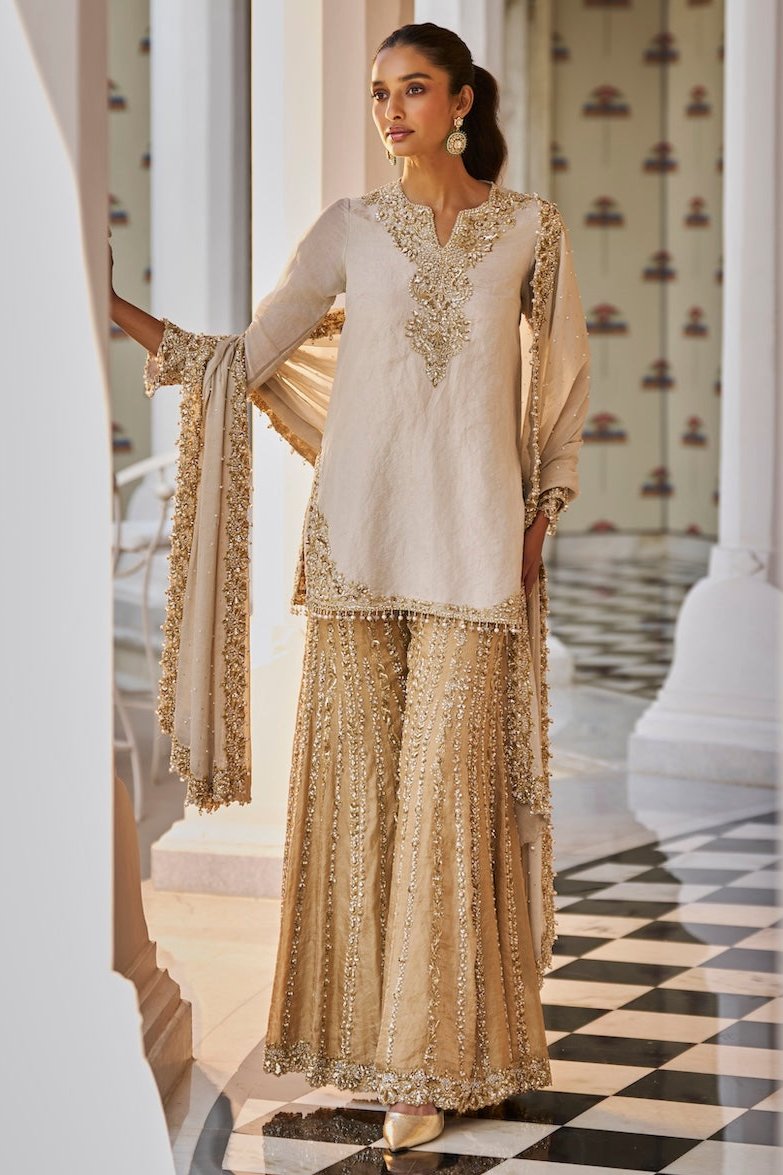 Fiori Silver Gold Sharara Set | Seema Gujral XL / 44 Fiori Silver Gold Sharara Set | Seema Gujral XL / 44