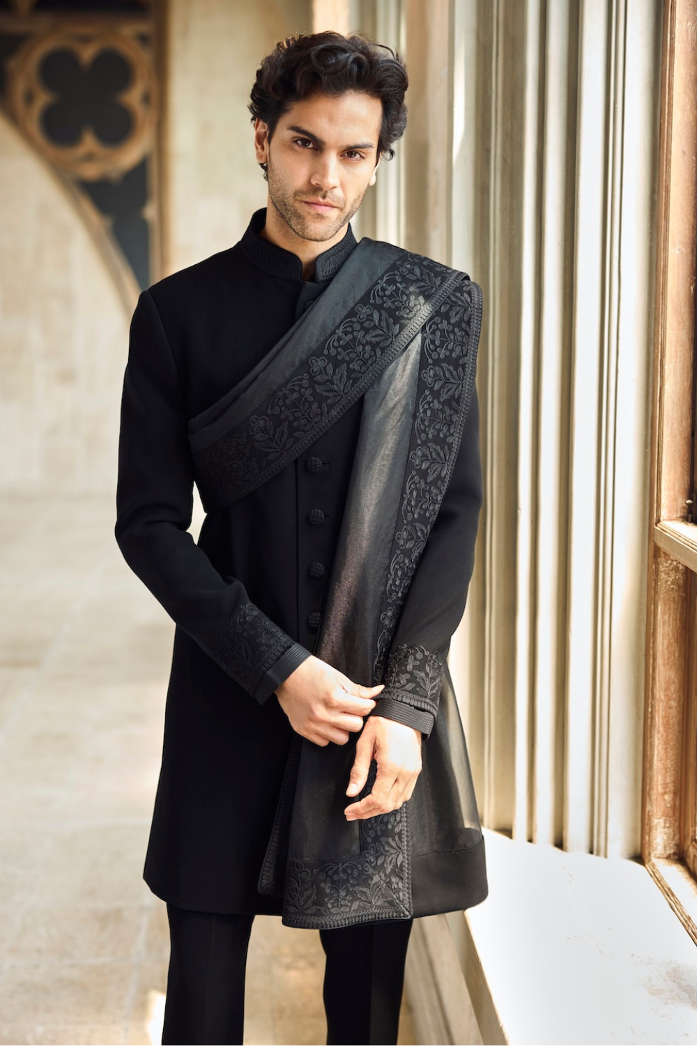 Vama Designs Seema Gujral Black Thread Work Sherwani Set