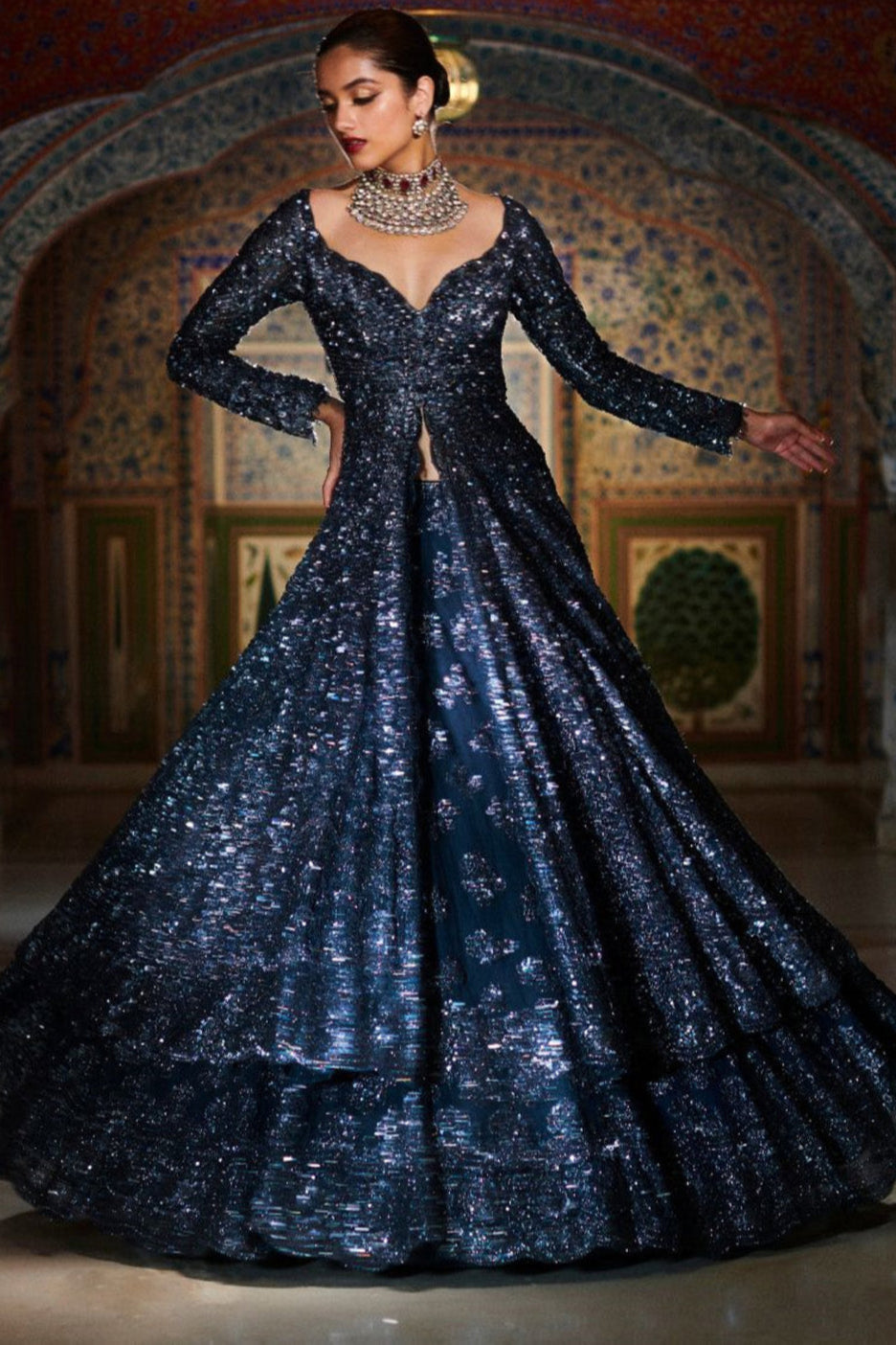 sachin and babi light blue dress Grey Net Lehenga Choli: Indian Wedding Reception Wear