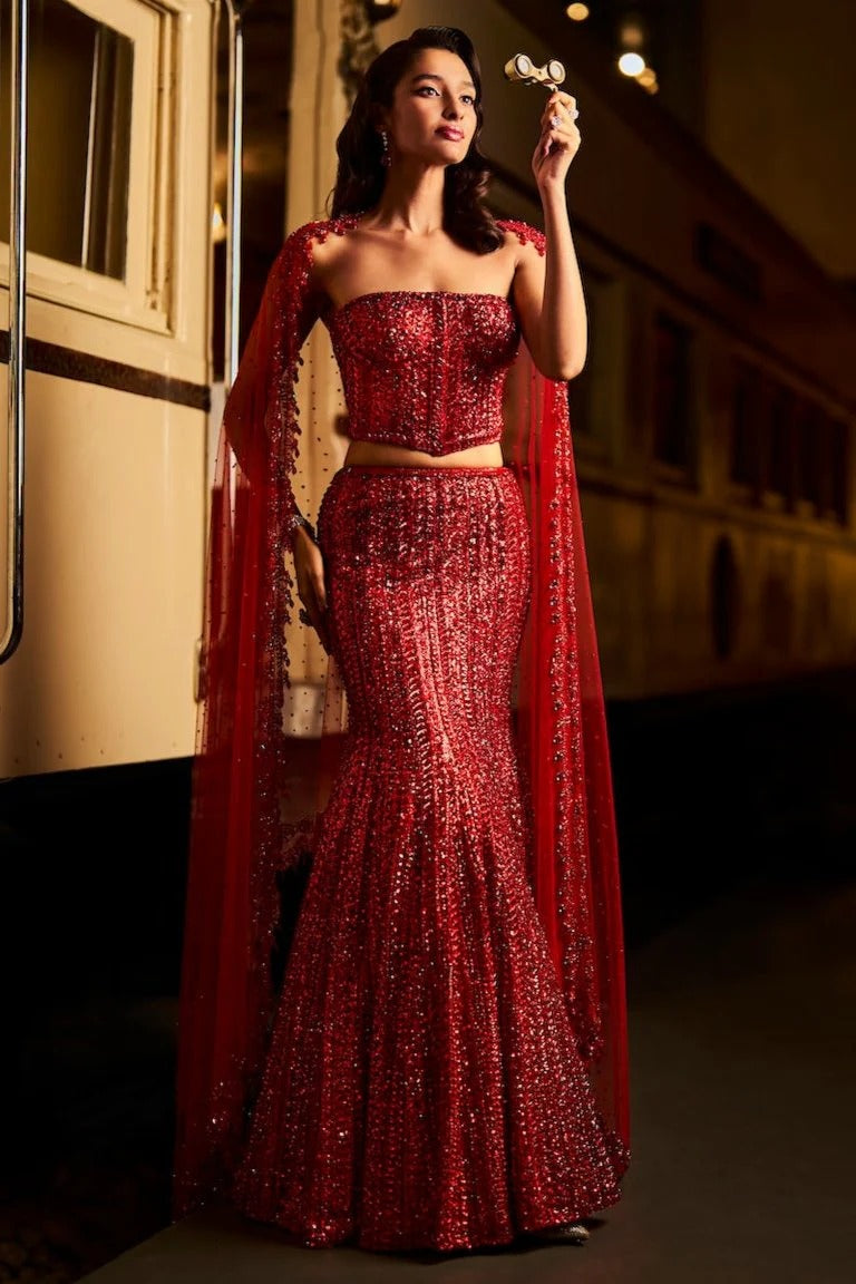 Seema Gujral - Red Corset Skirt Set VAMA DESIGNS Indian Bridal Couture Seema Gujral - Red Corset Skirt Set VAMA DESIGNS Indian Bridal Couture