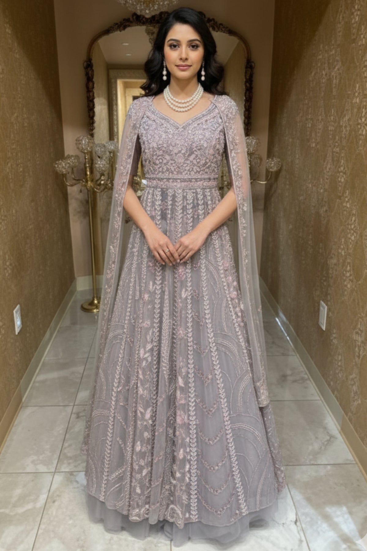 Lavender Embellished Indo-Western Cape Gown M