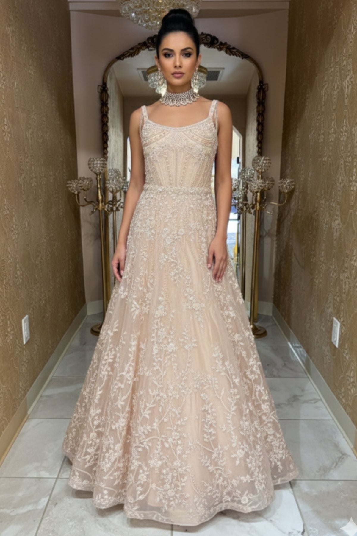 Champagne Floral Embellished Bridal Gown S