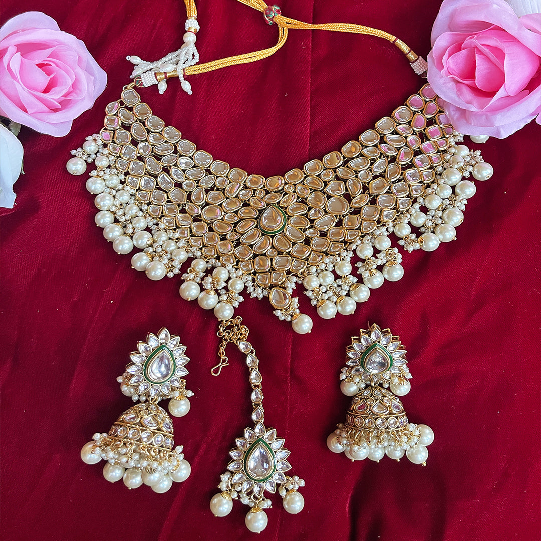 Gold_White_Ethnic Indian Jewelry necklace with earings