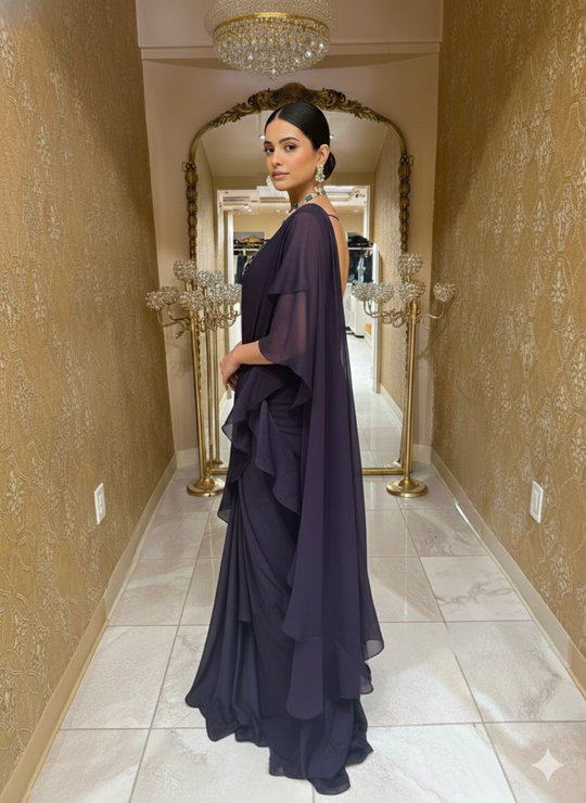 Deep Wine Ruffle Saree With Velvet Bustier