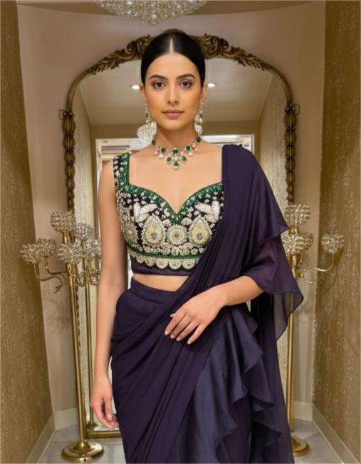 Deep Wine Ruffle Saree With Velvet Bustier