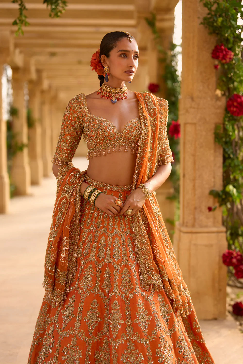 Seema Gujral - Burnt Orange Zardosi Lehenga Set