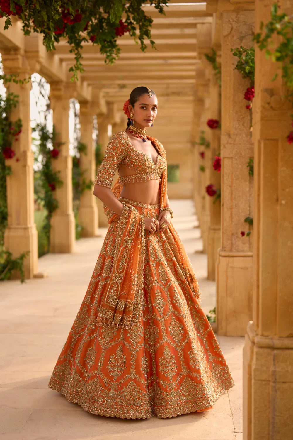 Seema Gujral - Burnt Orange Zardosi Lehenga Set