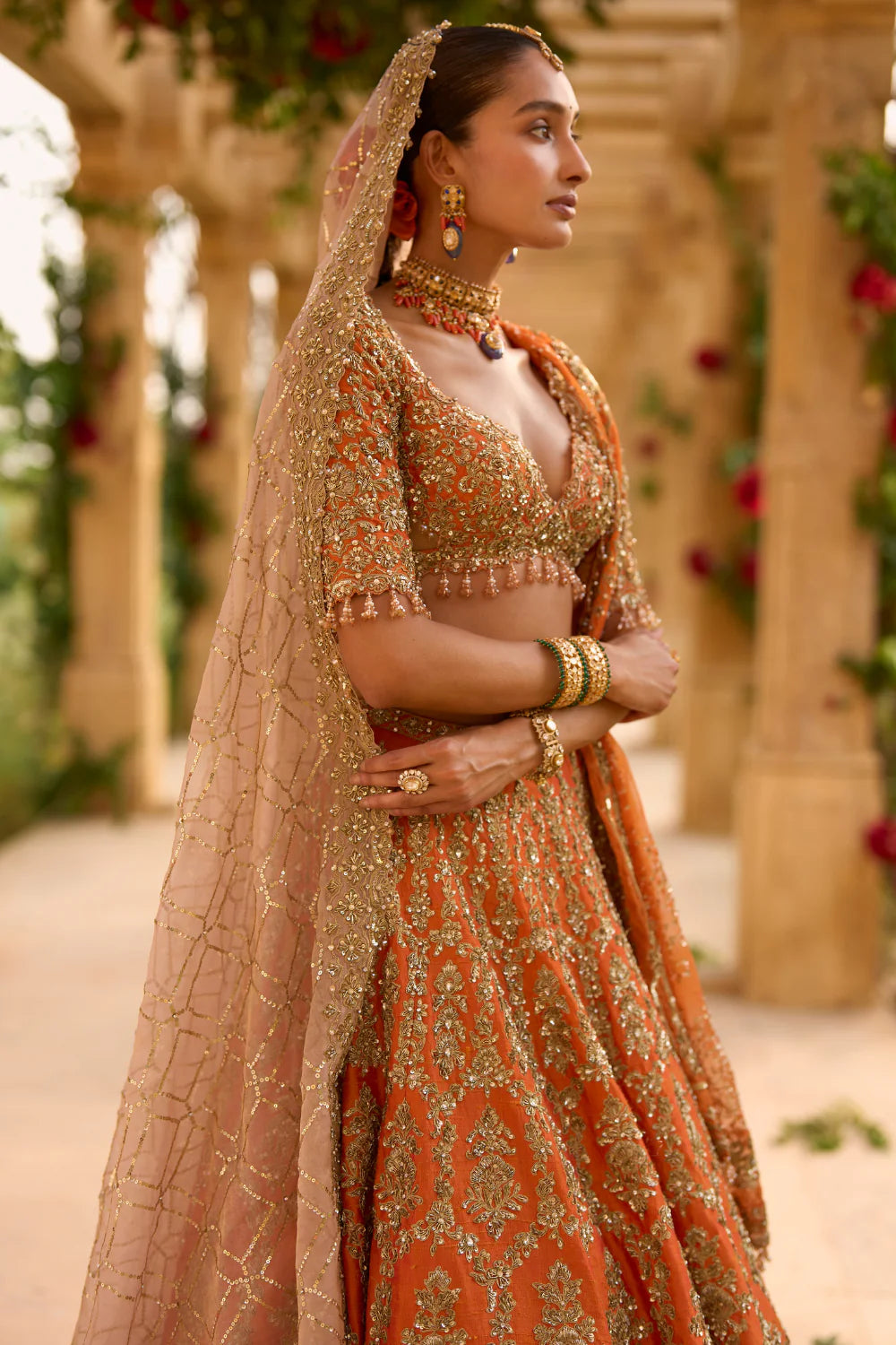 Seema Gujral - Burnt Orange Zardosi Lehenga Set