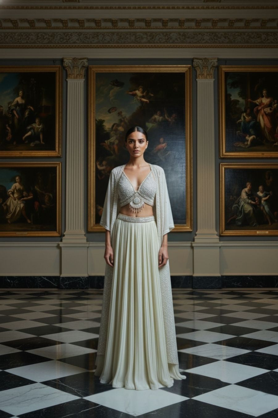 Ivory Pearl Lehenga with Sheer Cape
