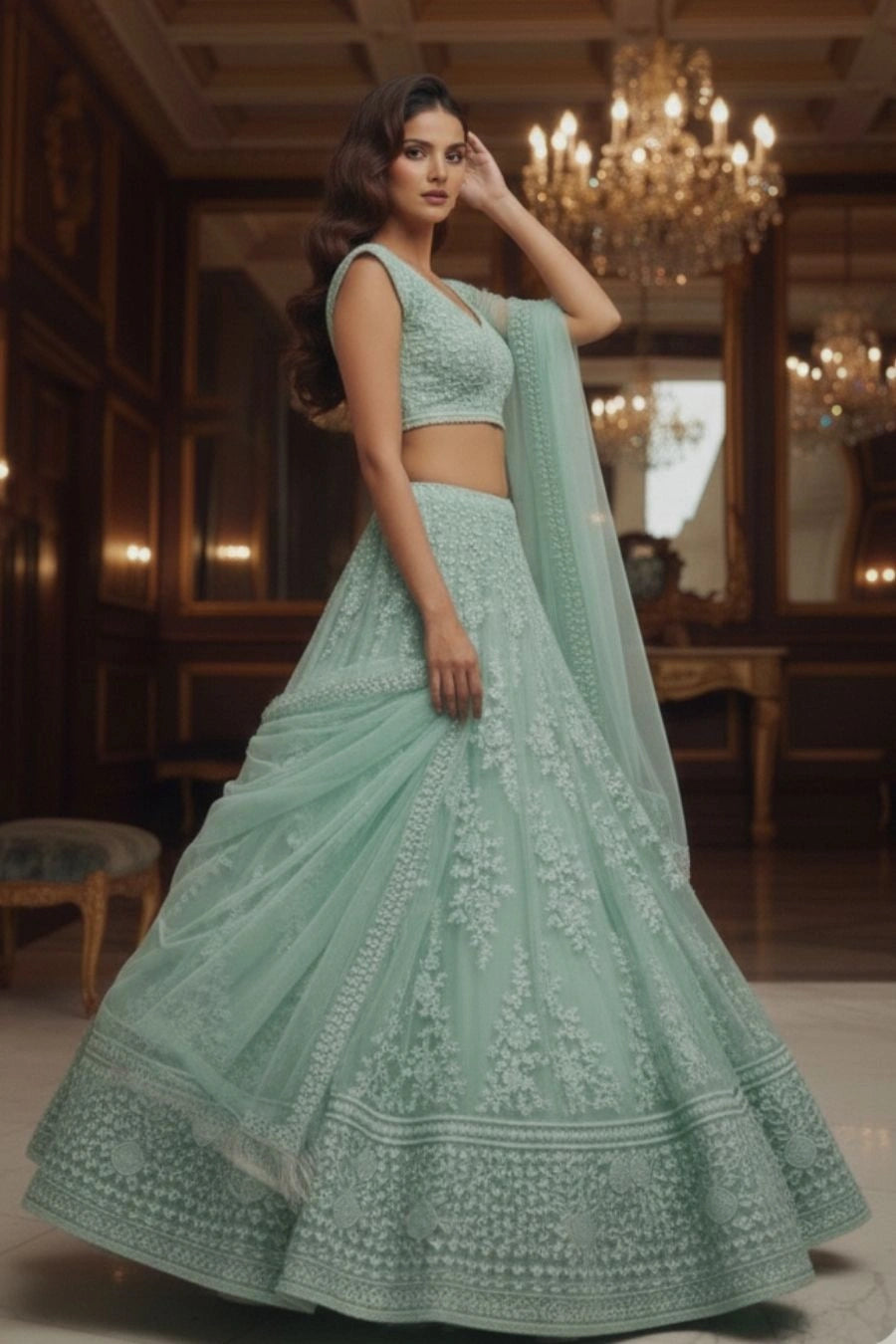 Mint Green Floral Embroidered Lehenga Choli with Net Dupatta