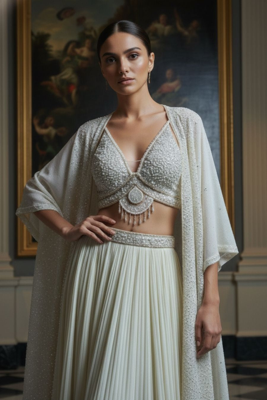 Ivory Pearl Lehenga with Sheer Cape
