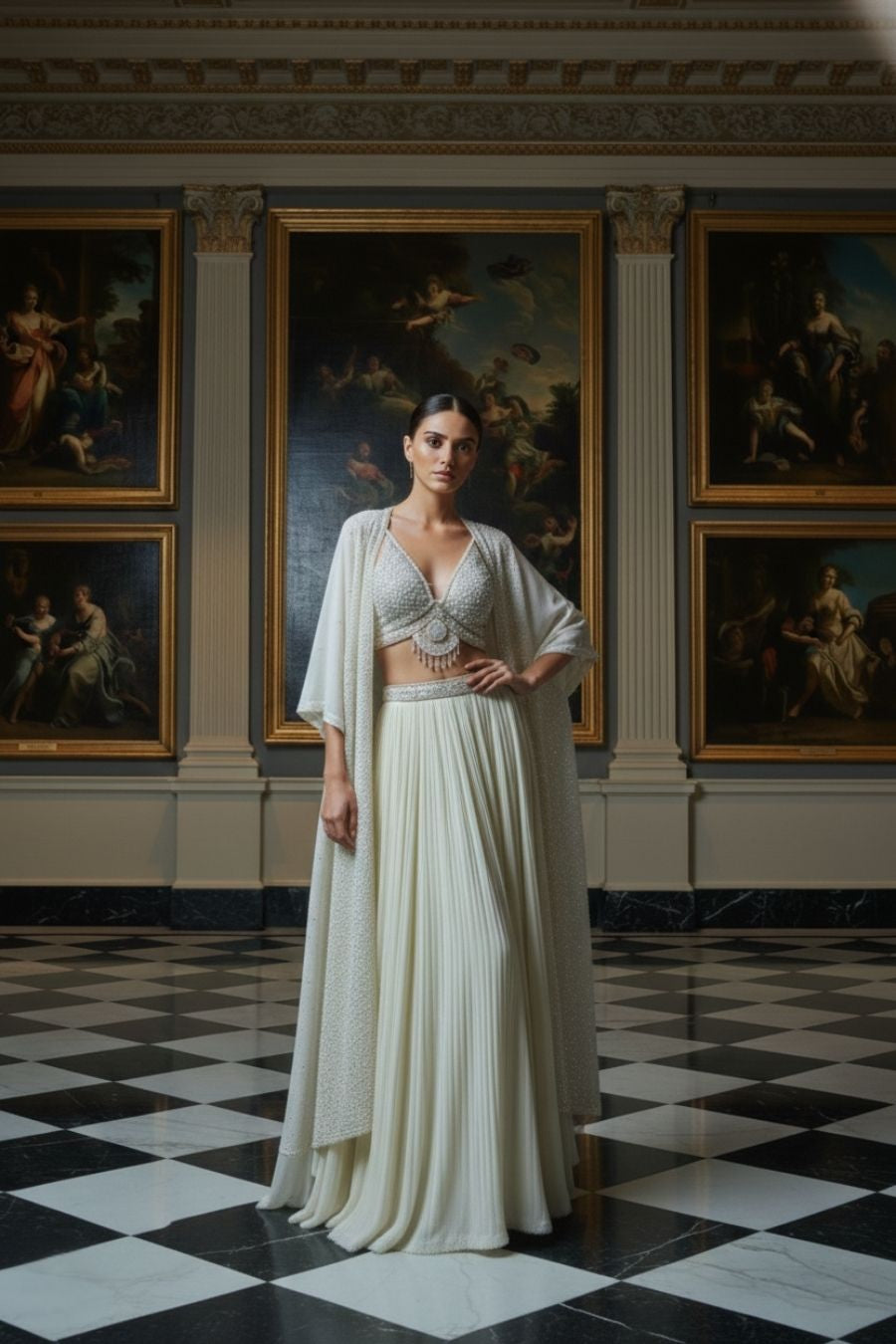 Ivory Pearl Lehenga with Sheer Cape