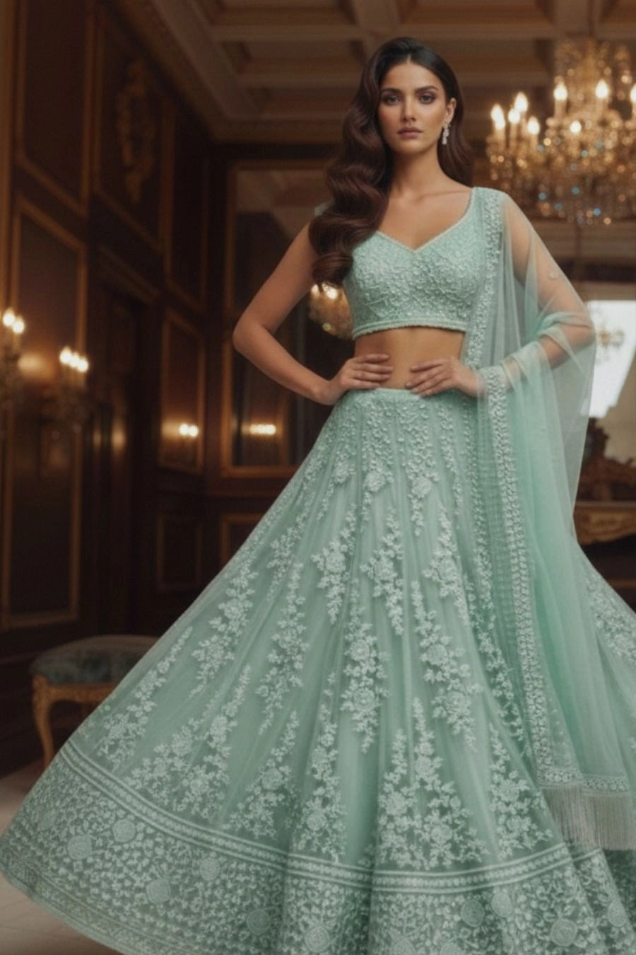 Mint Green Floral Embroidered Lehenga Choli with Net Dupatta