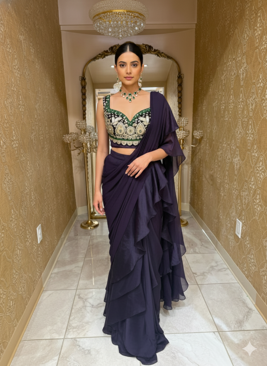 Deep Wine Ruffle Saree With Velvet Bustier