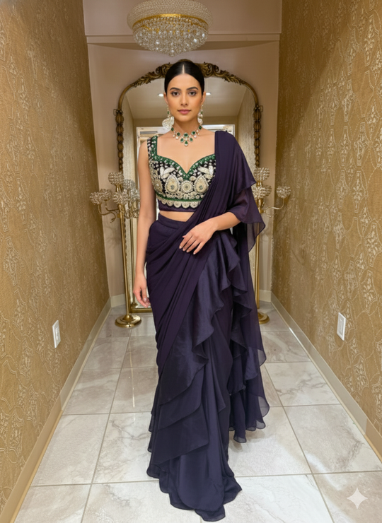 Deep Wine Ruffle Saree With Velvet Bustier