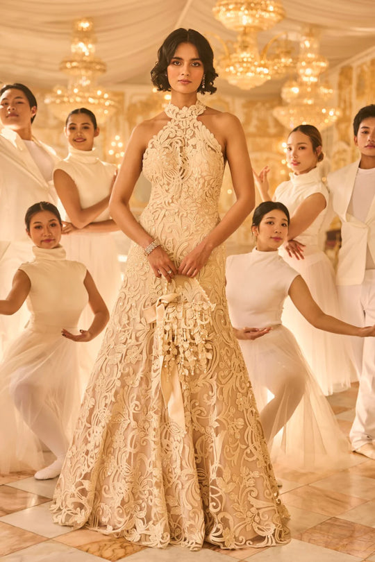 Seema Gujral - Nude Halter Neck Gown