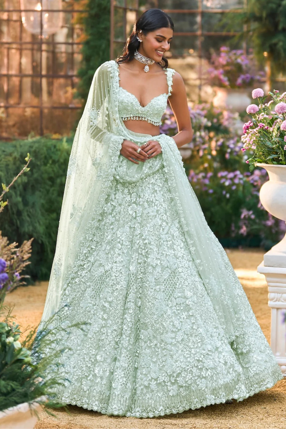 Seema Gujral - Soft Aqua Sequin Lehenga Set