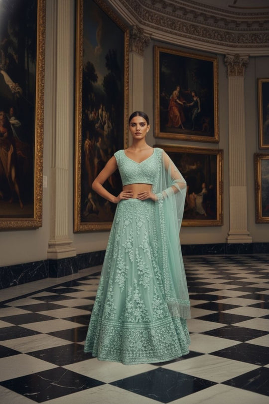 Mint Green Floral Embroidered Lehenga Choli with Net Dupatta VAMA DESIGNS Indian Bridal Couture Mint Green Floral Embroidered Lehenga Choli with Net Dupatta VAMA DESIGNS Indian Bridal Couture