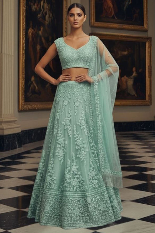 Mint Green Floral Embroidered Lehenga Choli with Net Dupatta