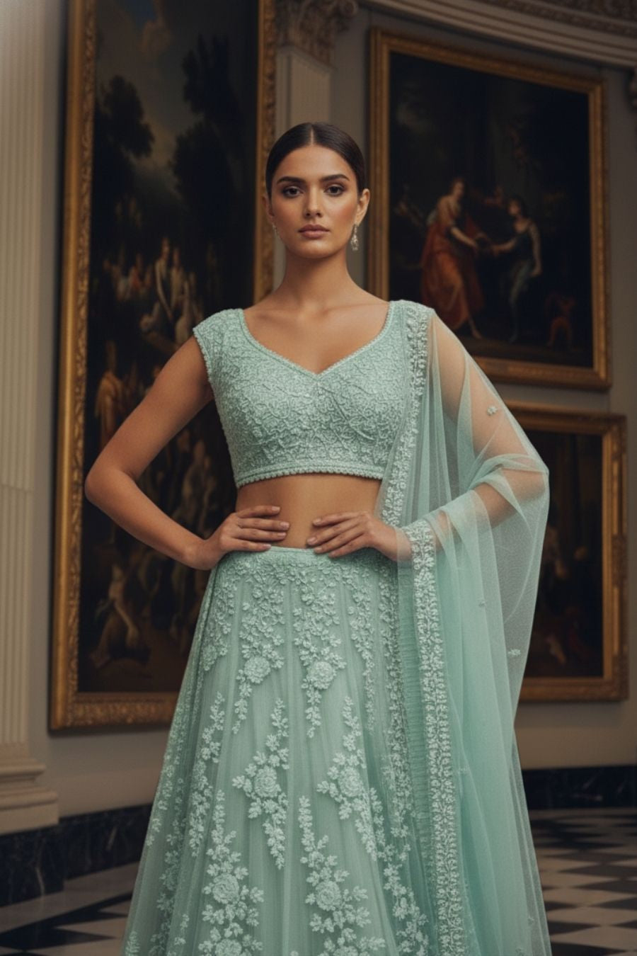 Mint Green Floral Embroidered Lehenga Choli with Net Dupatta