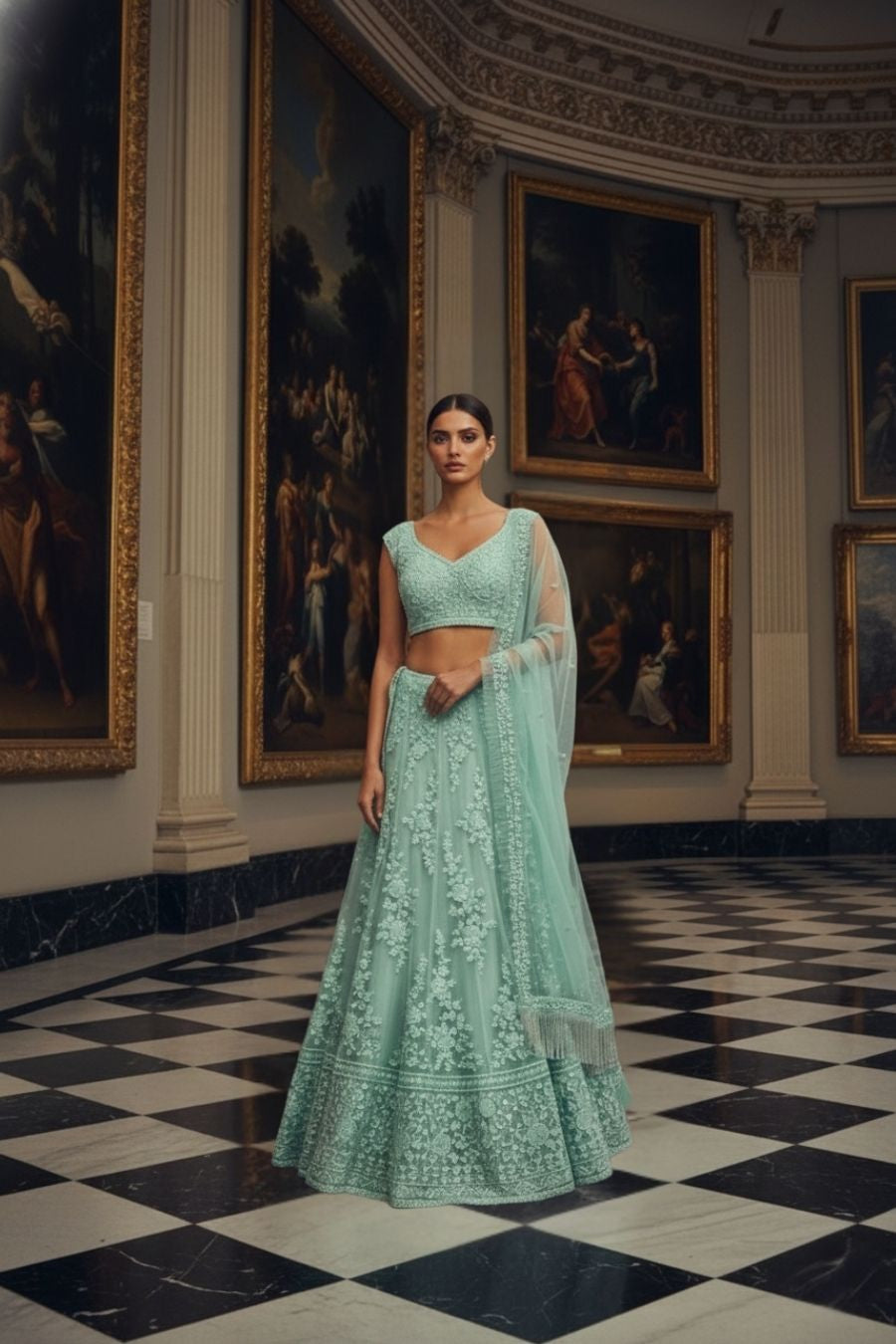 Mint Green Floral Embroidered Lehenga Choli with Net Dupatta