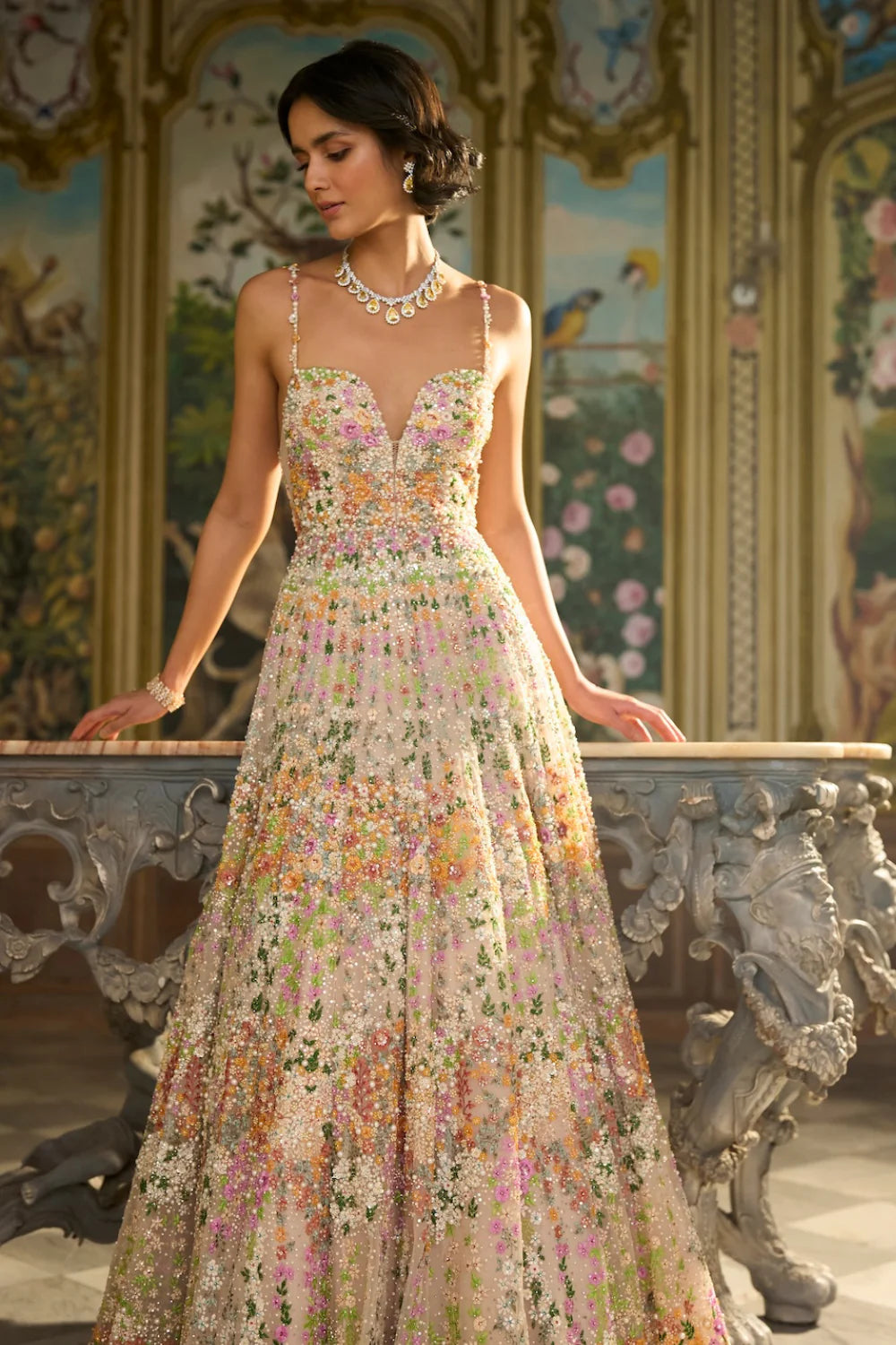 Seema Gujral - Nude Multi-Coloured Floral Gown