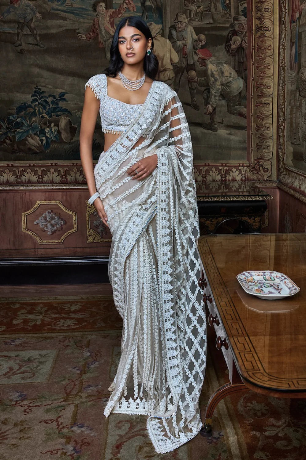 Seema Gujral - Slate Ivory Stripe Saree