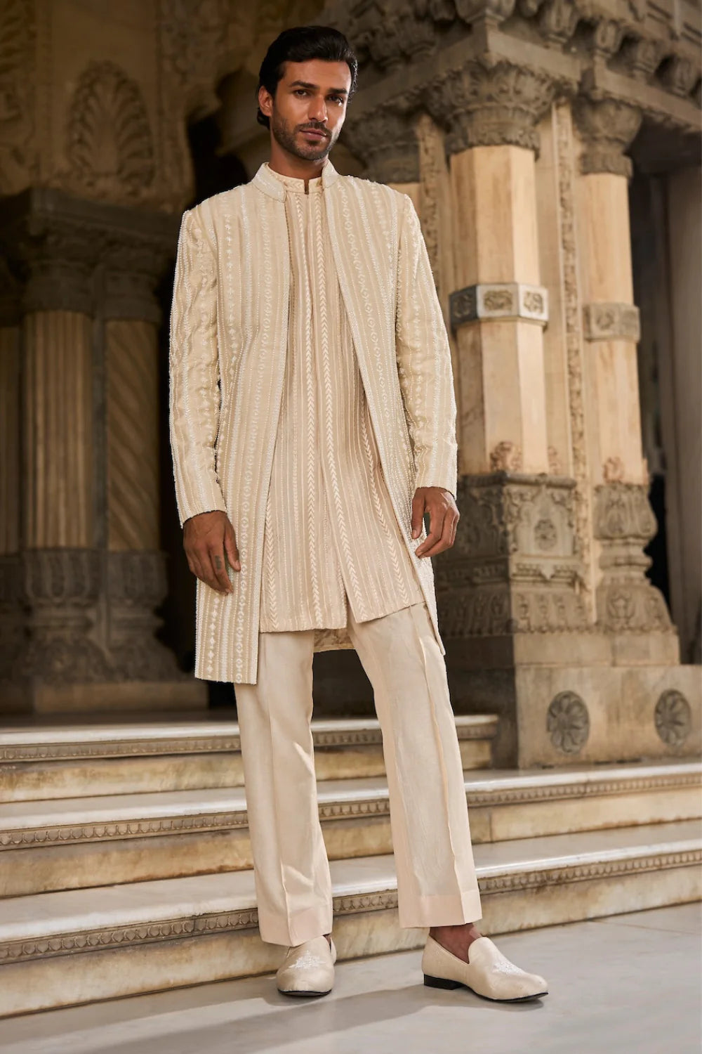 Seema Gujral - Beige Pearl Open Sherwani Set