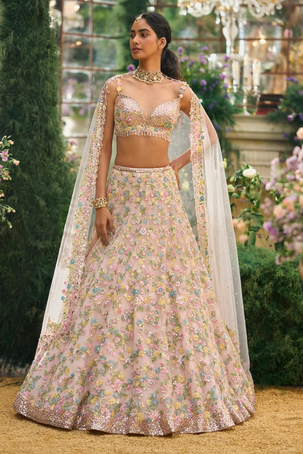 Seema Gujral - Powder Peach Floral Lehenga Set