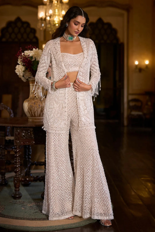 Seema Gujral - White Sequin Open Jacket - Sharara Pant Set