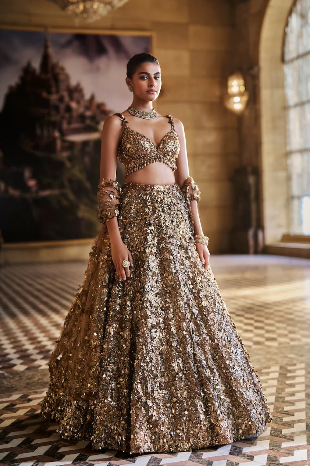 Seema Gujral - Metallic Gold 3D Lehenga Set