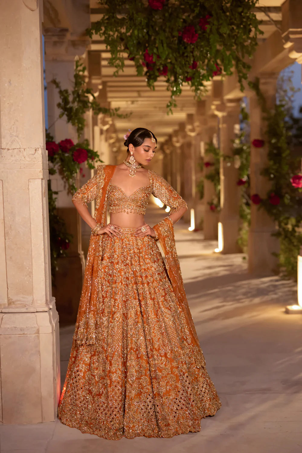 Seema Gujral - Rust Zardosi Cut Work Lehenga Set