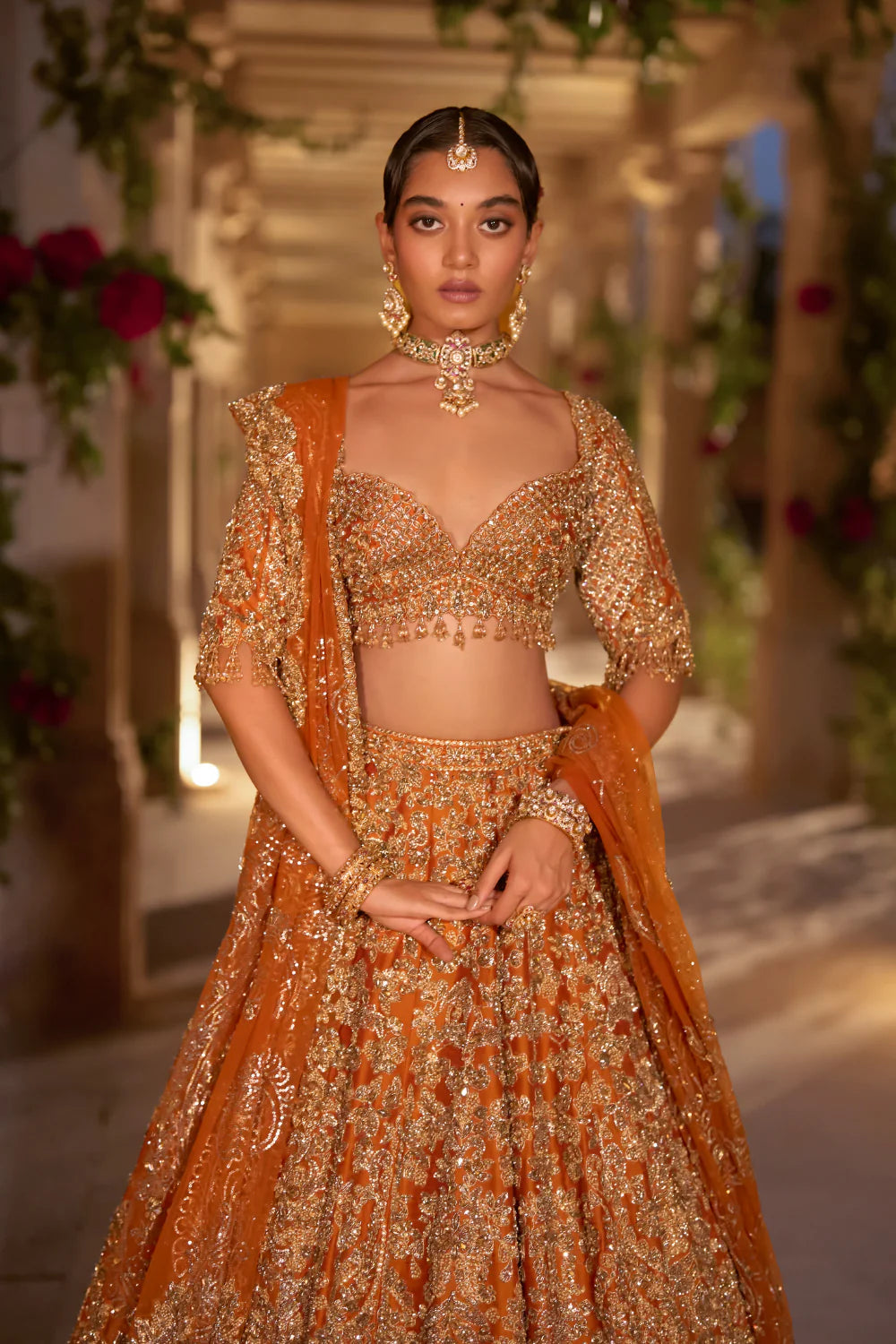 Seema Gujral - Rust Zardosi Cut Work Lehenga Set