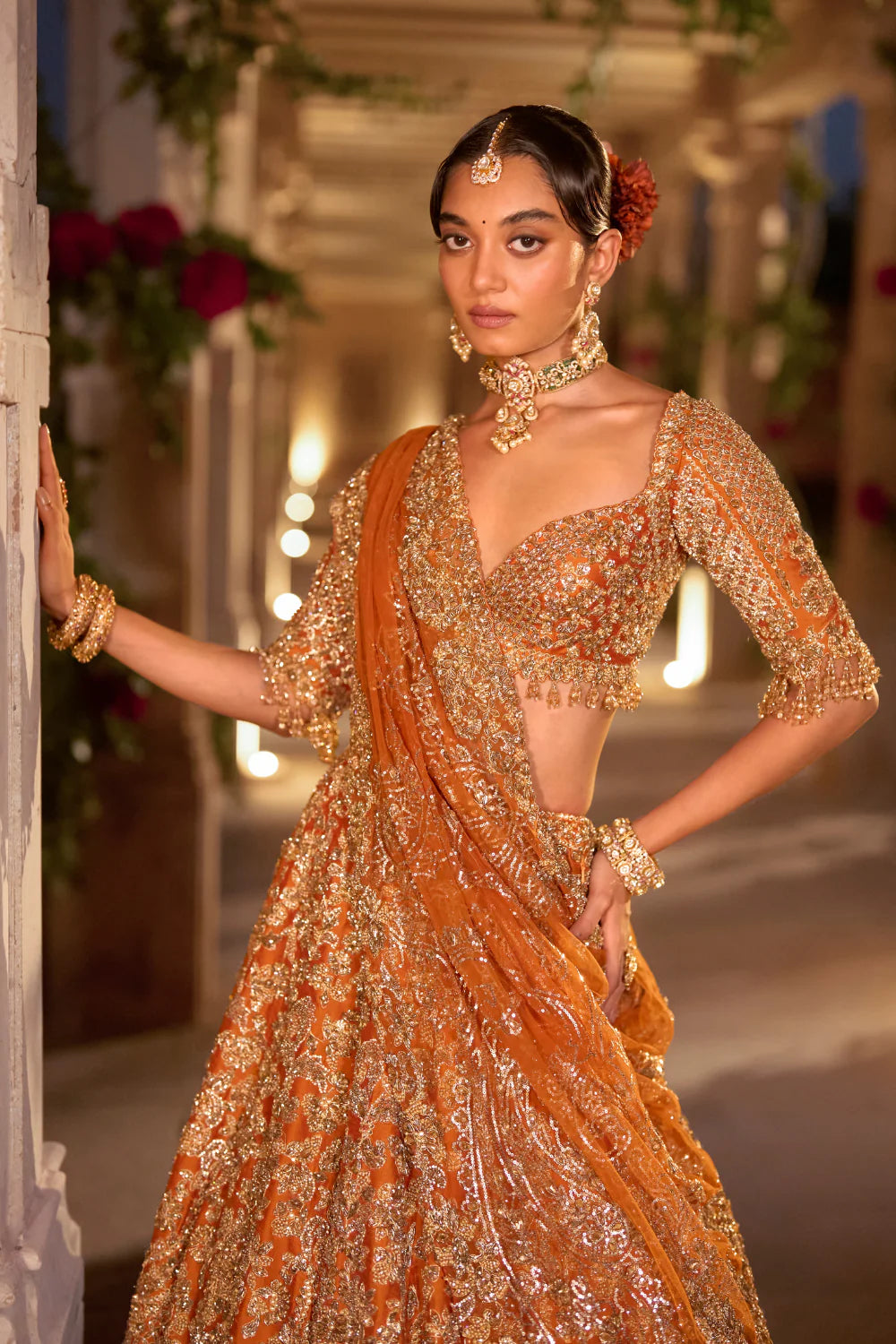 Seema Gujral - Rust Zardosi Cut Work Lehenga Set