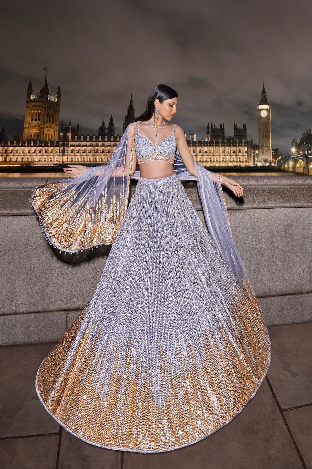 Seema Gujral - Silver Gold Sequin Lehenga Set