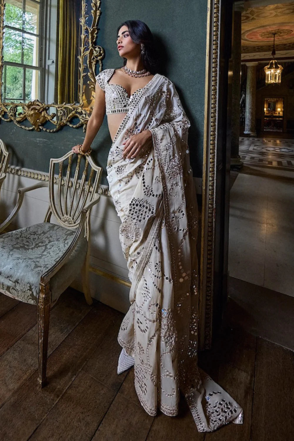 Seema Gujral - Beige Mirror Work Saree