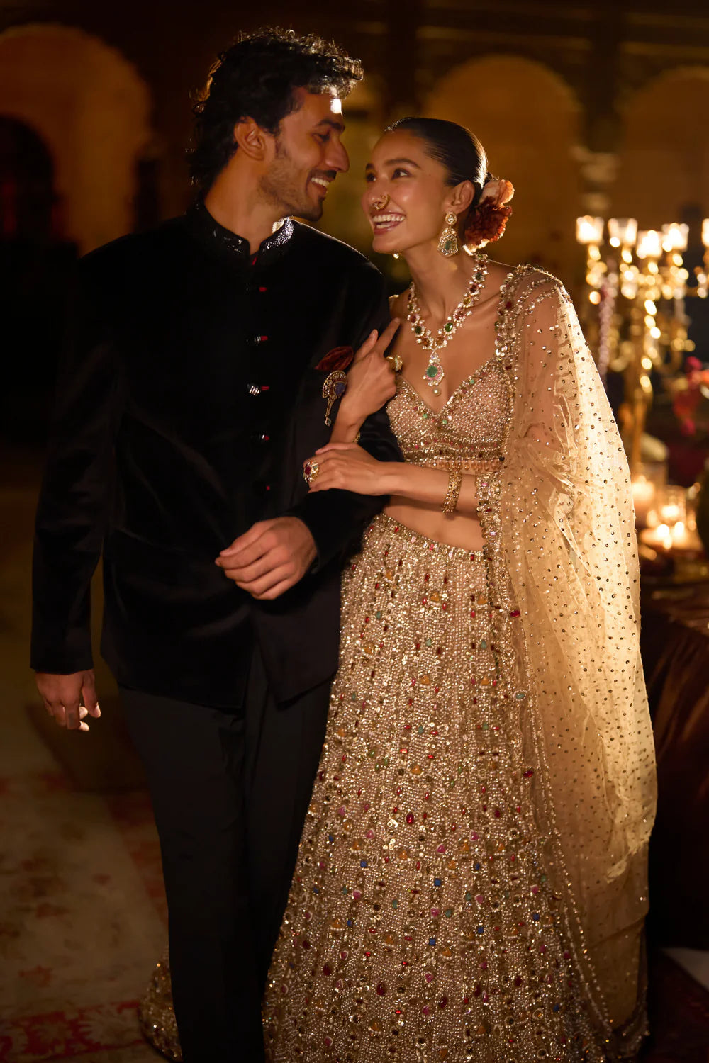 Seema Gujral - Multi-Coloured Stone &amp; Pearl Lehenga Set