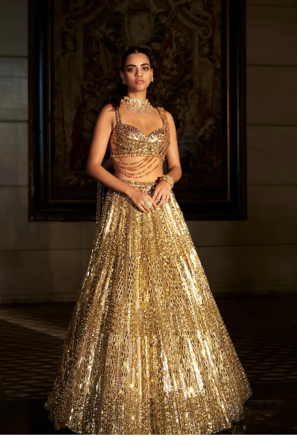 Seema Gujral - Gold Crystal Lehenga Set