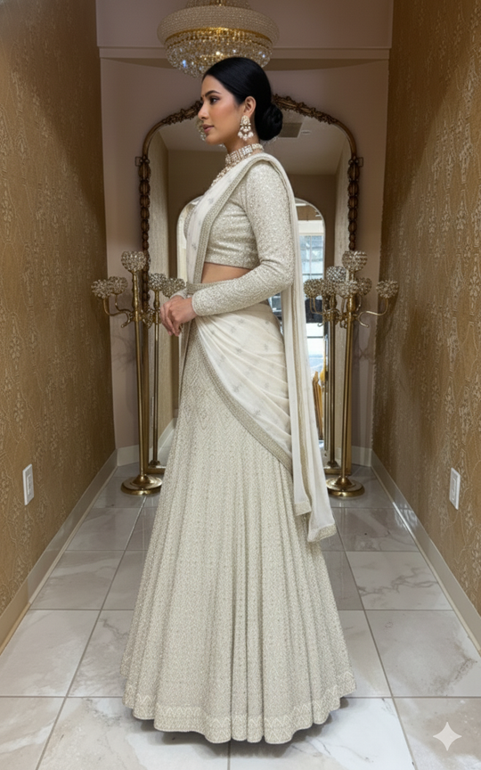 Ivory Georgette Fusion Lehenga Saree