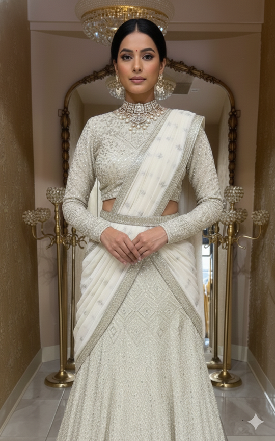 Ivory Georgette Fusion Lehenga Saree