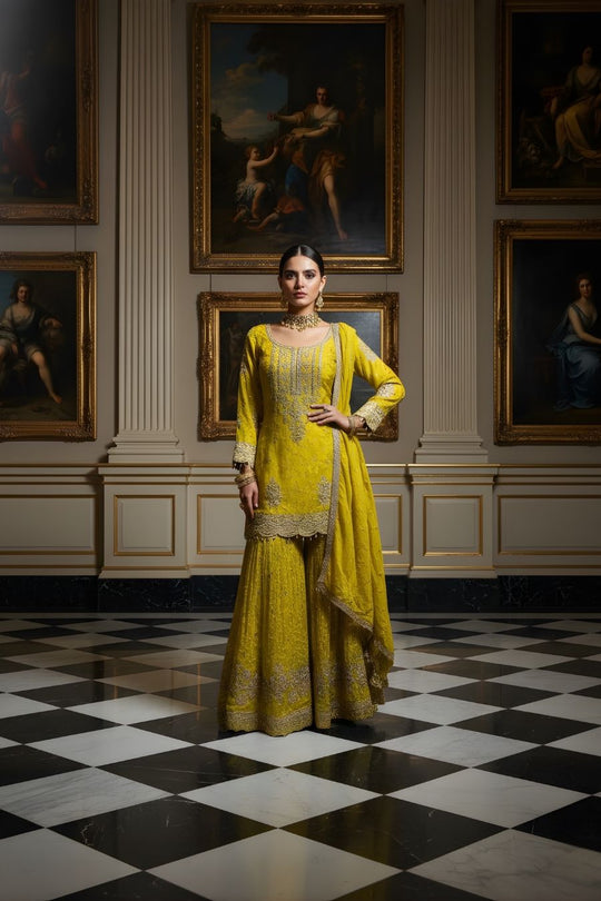 Radiant Yellow Hand-Embroidered Sharara Set