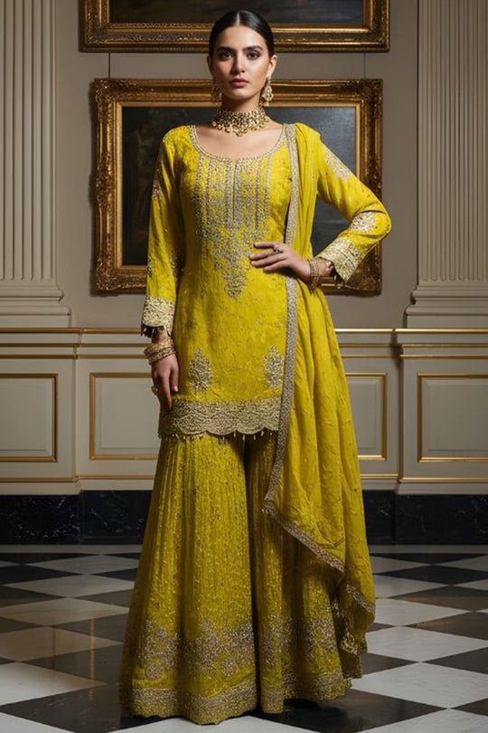 Radiant Yellow Hand-Embroidered Sharara Set