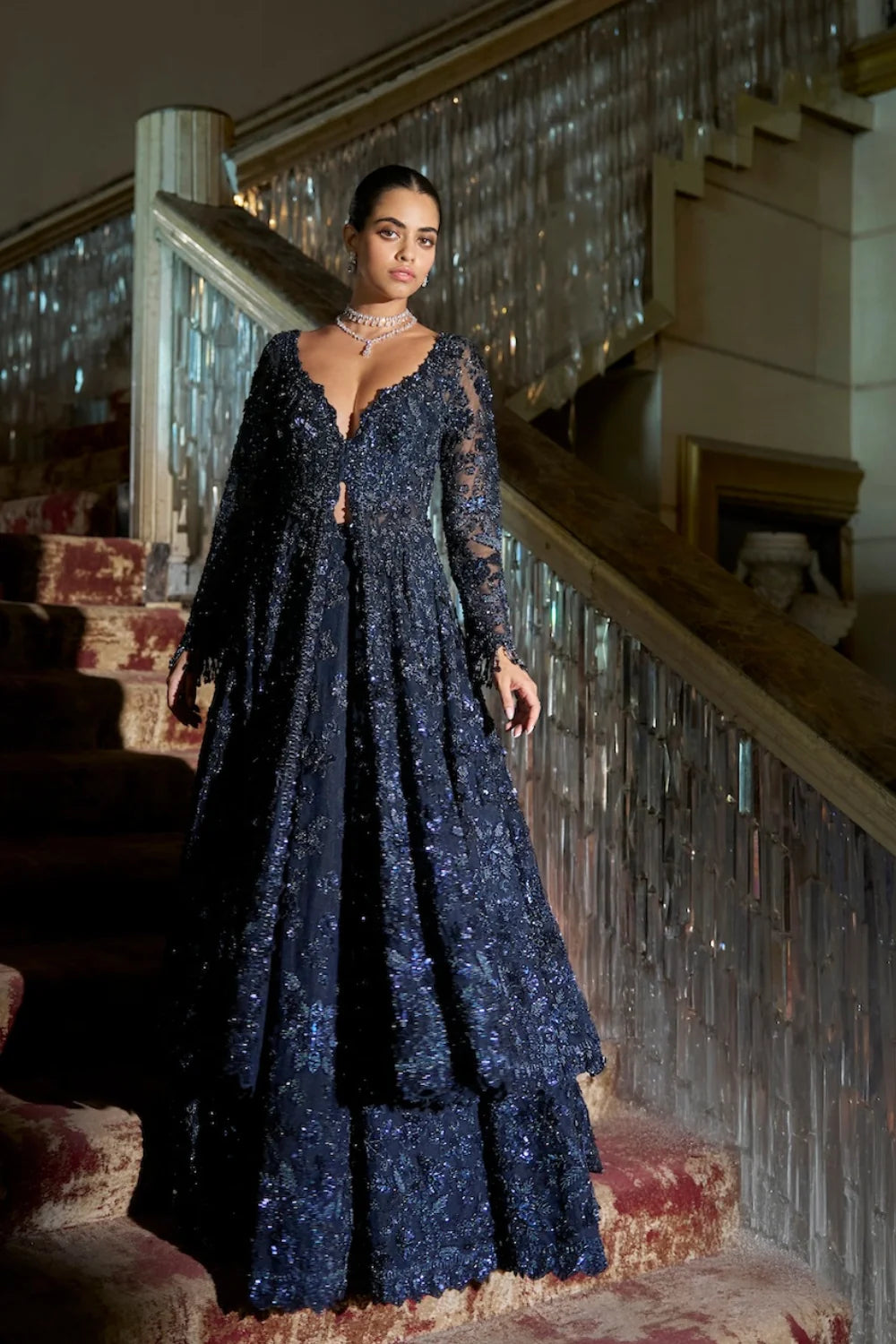 Seema Gujral - Midnight Blue Jacket Lehenga Set