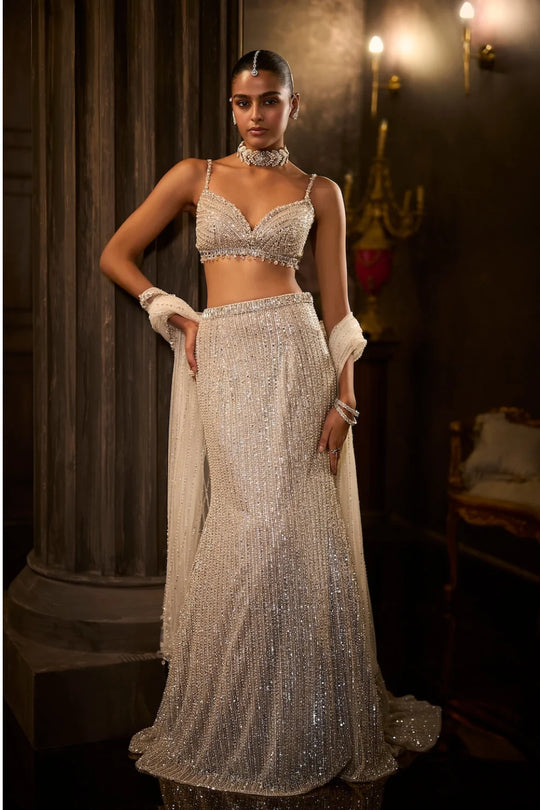 Seema Gujral - Silver Fit &amp; Flare Trail Skirt Set