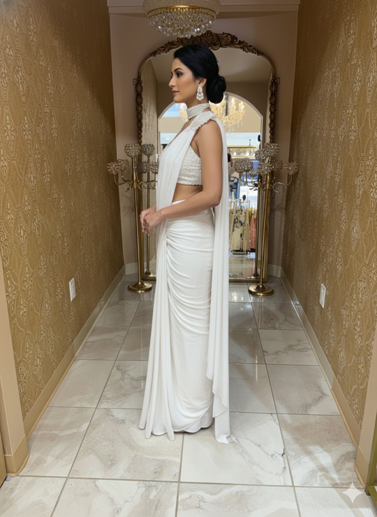 Ivory White Pre-Draped Saree