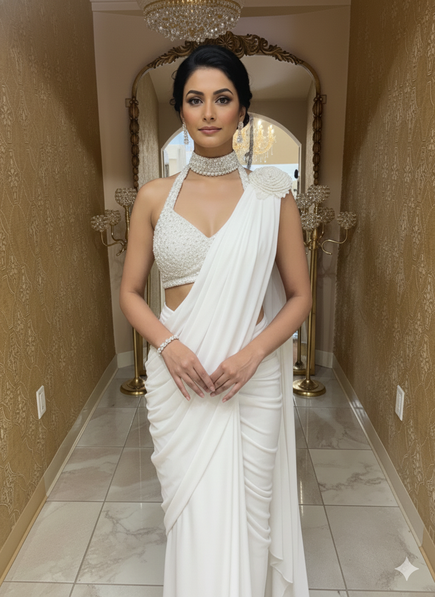 Ivory White Pre-Draped Saree