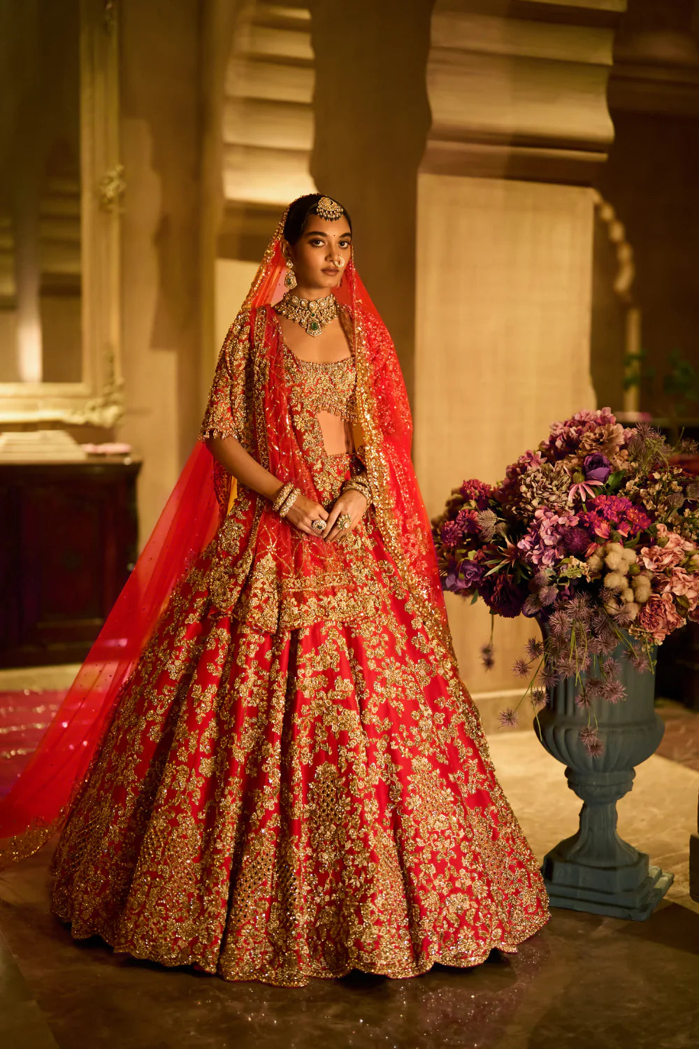 Seema Gujral - Red Zardosi Cut Work Lehenga Set