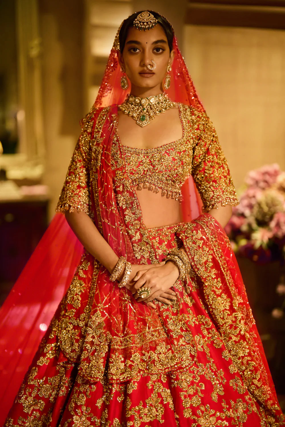 Seema Gujral - Red Zardosi Cut Work Lehenga Set